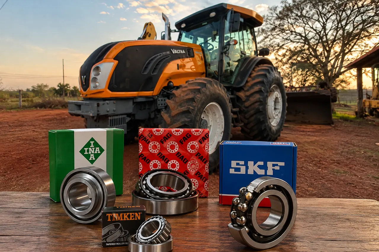 Rolamentos SKF, FAG, Timken e INA com suas caixas originais e um trator Valtra ao fundo, no pátio da Moura Máquinas em Castanhal, no Pará